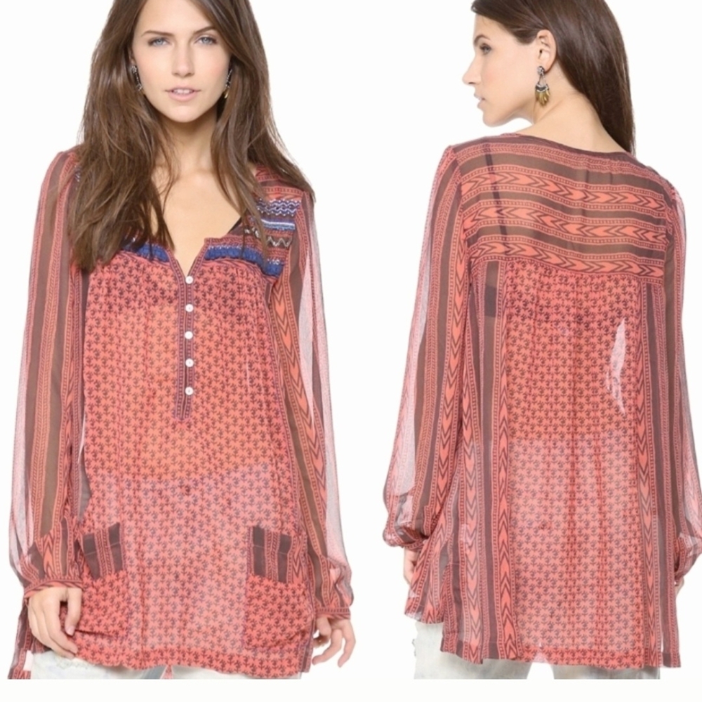 Free People Sheer Red and Blue Boho Top